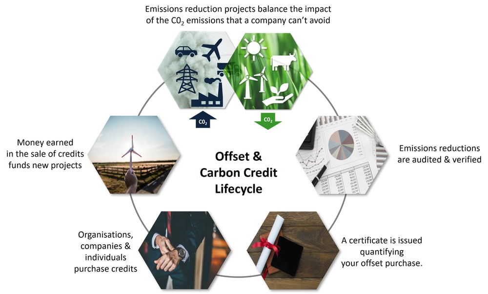 emissions reduction projects balance the impact of carbon emissions that a company can avoid. carbon offset and carbon credit lifecycle